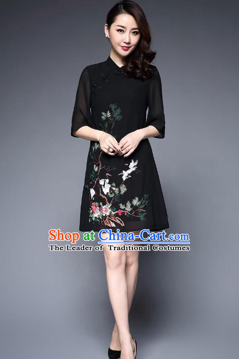 Top Grade Asian Chinese Costumes Classical Embroidery Crane Short Cheongsam, Traditional China National Slant Opening Black Chirpaur Dress Qipao for Women