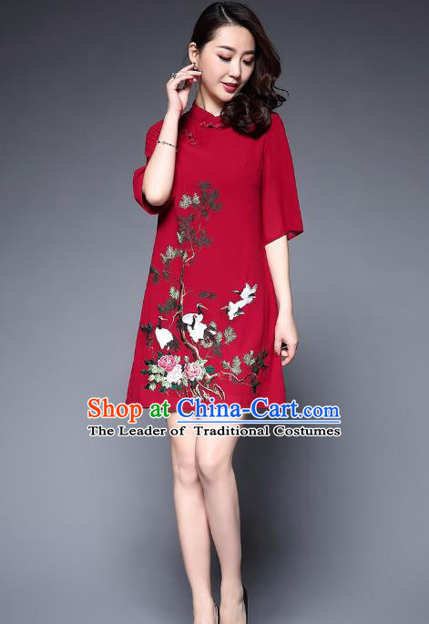 Top Grade Asian Chinese Costumes Classical Embroidery Crane Short Cheongsam, Traditional China National Slant Opening Red Chirpaur Dress Qipao for Women