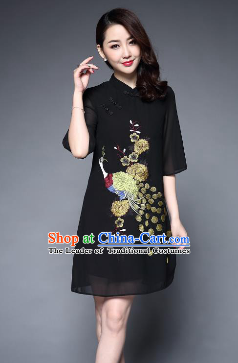 Top Grade Asian Chinese Costumes Classical Embroidery Peacock Short Black Cheongsam, Traditional China National Plated Buttons Chirpaur Dress Qipao for Women