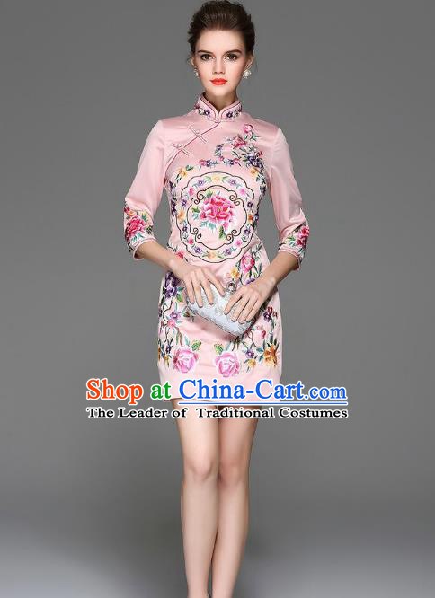 Top Grade Asian Chinese Costumes Classical Embroidery Peony Silk Pink Cheongsam, Traditional China National Plated Buttons Chirpaur Dress Qipao for Women