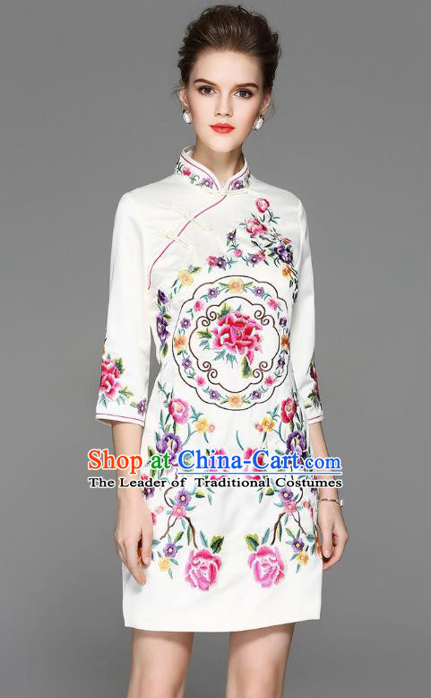 Top Grade Asian Chinese Costumes Classical Embroidery Peony Silk White Cheongsam, Traditional China National Plated Buttons Chirpaur Dress Qipao for Women