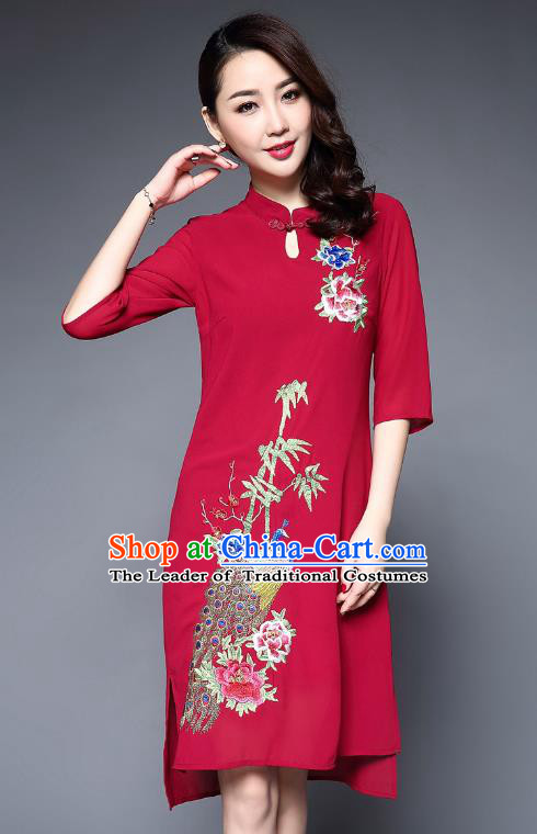 Asian Chinese Oriental Costumes Classical Embroidery Peacock Red Cheongsam, Traditional China National Tang Suit Plated Buttons Chirpaur Dress Qipao for Women
