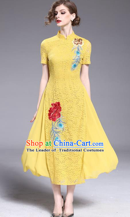 Asian Chinese Oriental Costumes Classical Embroidery Yellow Lace Cheongsam, Traditional China National Tang Suit Stand Collar Qipao Dress for Women