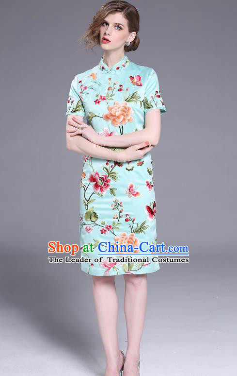 Asian Chinese Oriental Costumes Classical Slant Opening Embroidery Peony Blue Cheongsam, Traditional China National Chirpaur Tang Suit Qipao Dress for Women