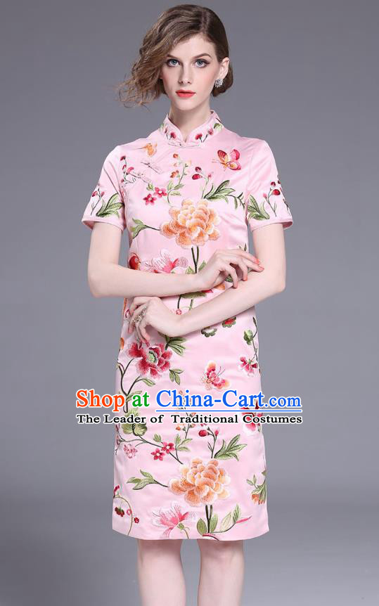 Asian Chinese Oriental Costumes Classical Slant Opening Embroidery Peony Pink Cheongsam, Traditional China National Chirpaur Tang Suit Qipao Dress for Women