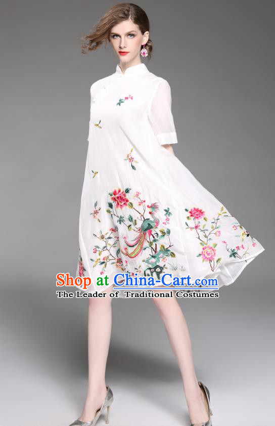 Asian Chinese Oriental Costumes Classical Slant Opening Embroidery Phoenix Peony Cheongsam, Traditional China National Chirpaur Tang Suit Plated Buttons White Qipao Dress for Women