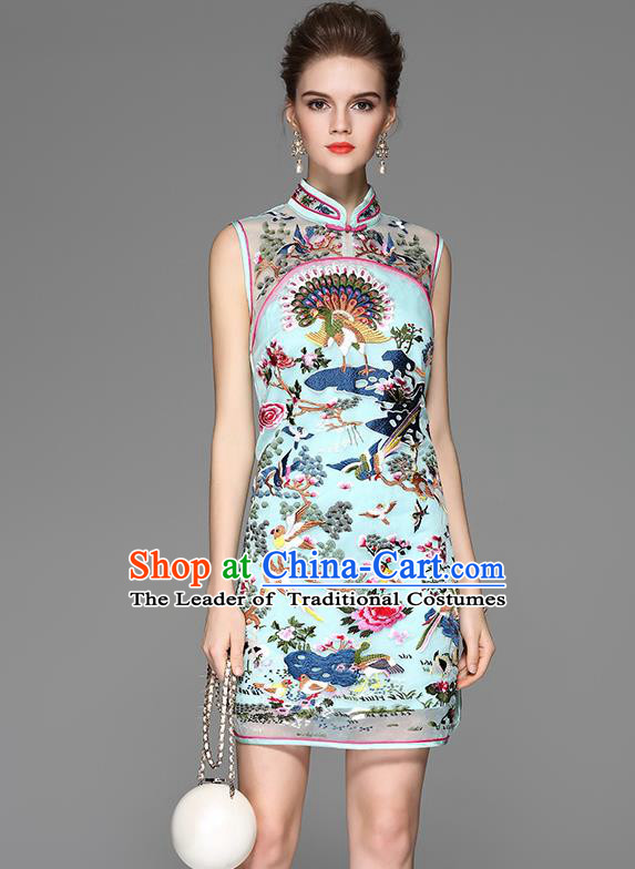 Asian Chinese Oriental Costumes Classical Palace Embroidery Blue Cheongsam, Traditional China National Chirpaur Tang Suit Stand Collar Qipao Dress for Women