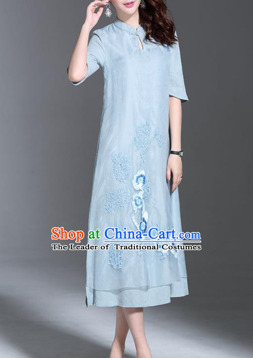 Asian Chinese Oriental Costumes Classical Palace Embroidery Blue Cheongsam, Traditional China National Chirpaur Tang Suit Plated Buttons Qipao for Women
