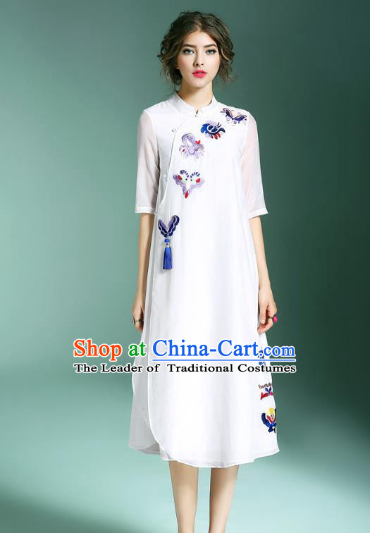 Asian Chinese Oriental Costumes Classical Palace Embroidery White Cheongsam, Traditional China National Chirpaur Tang Suit Plated Buttons Qipao for Women
