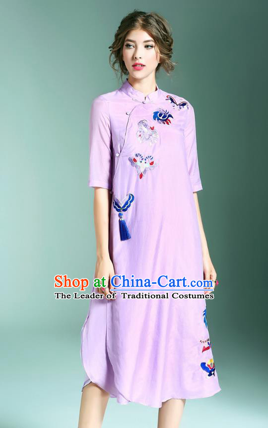 Asian Chinese Oriental Costumes Classical Palace Embroidery Purple Cheongsam, Traditional China National Chirpaur Tang Suit Plated Buttons Qipao for Women