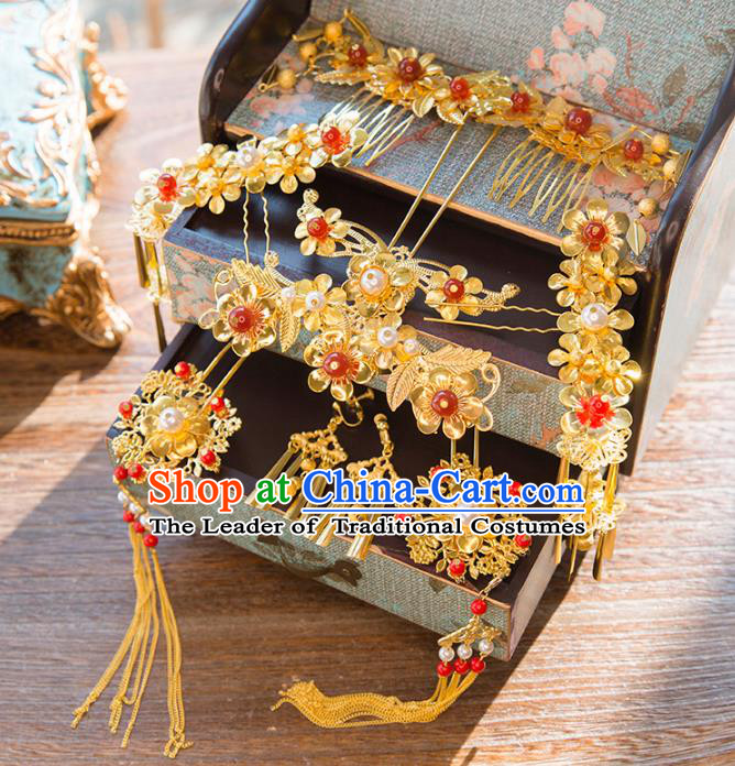Aisan Chinese Handmade Classical Hair Accessories Phoenix Coronet Complete Set, China Xiuhe Suit Hairpins Red Bead Wedding Headwear for Women