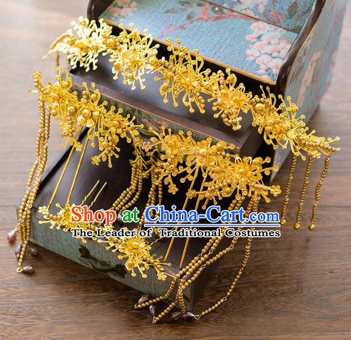 Aisan Chinese Handmade Classical Hair Accessories Tassel Golden Phoenix Coronet Complete Set, China Xiuhe Suit Hairpins Wedding Headwear for Women
