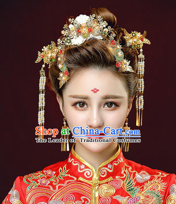 Aisan Chinese Handmade Classical Hair Accessories Tassel Phoenix Coronet Complete Set, China Xiuhe Suit Hairpins Wedding Headwear for Women