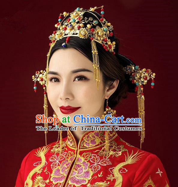 Aisan Chinese Handmade Classical Hair Accessories Beads Phoenix Coronet Complete Set, China Xiuhe Suit Tassel Hairpins Wedding Headwear for Women
