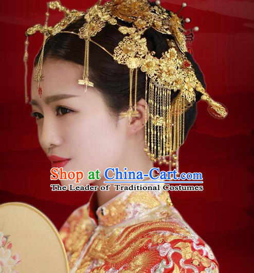 Aisan Chinese Handmade Classical Hair Accessories Golden Butterfly Phoenix Coronet Complete Set, China Xiuhe Suit Tassel Hairpins Wedding Headwear for Women