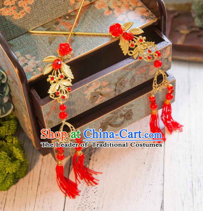 Aisan Chinese Handmade Classical Bride Hair Accessories Hanfu Red Tassel Step Shake, China Xiuhe Suit Hairpins Wedding Headwear for Women