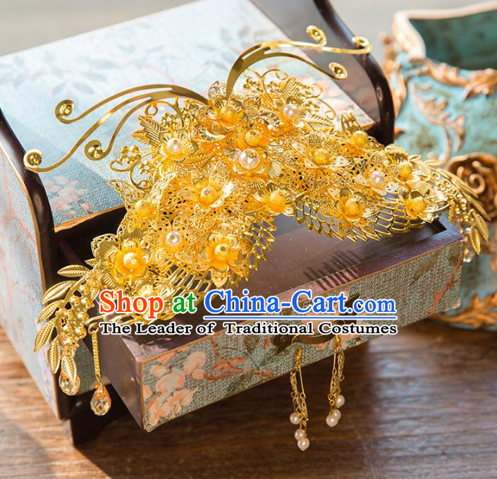 Aisan Chinese Handmade Classical Hair Accessories Golden Phoenix Coronet, China Xiuhe Suit Hairpins Wedding Headwear for Women