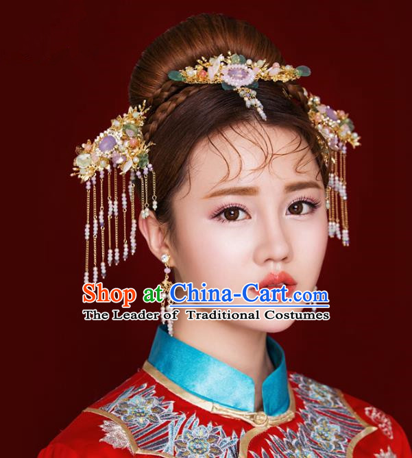 Aisan Chinese Handmade Classical Hair Accessories Purple Tassel Hair Comb Complete Set, China Xiuhe Suit Hairpins Wedding Headwear for Women