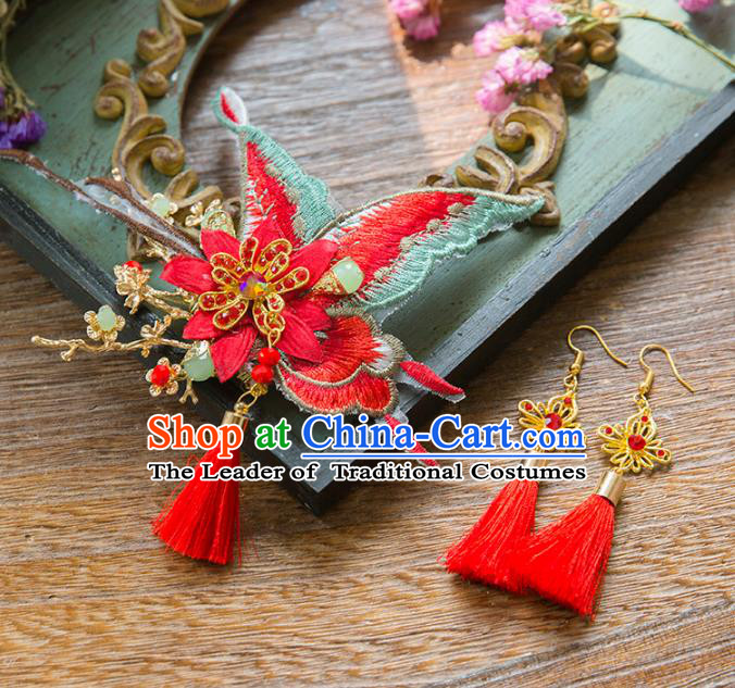 Aisan Chinese Handmade Classical Hair Accessories Red Butterfly Hair Stick and Earrings, China Xiuhe Suit Hairpins Wedding Headwear for Women