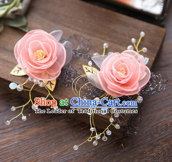 Top Grade Handmade Classical Hair Accessories Baroque Style Princess Pink Flower Hair Clasp Headwear for Women