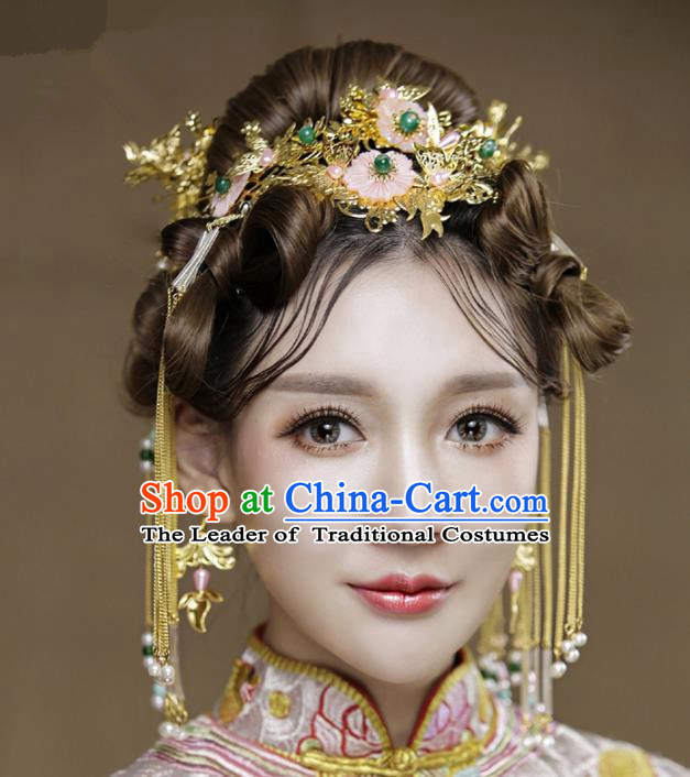 Aisan Chinese Handmade Classical Hair Accessories Bride Pink Flowers Phoenix Coronet Complete Set, China Xiuhe Suit Hairpins Wedding Headwear for Women