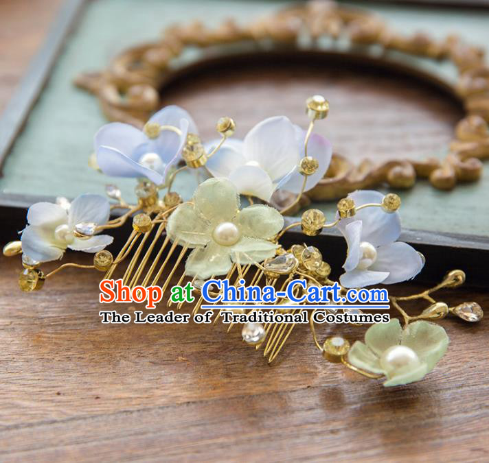 Aisan Chinese Handmade Classical Hair Accessories Hanfu Blue Flowers Hair Comb, China Xiuhe Suit Wedding Headwear for Women