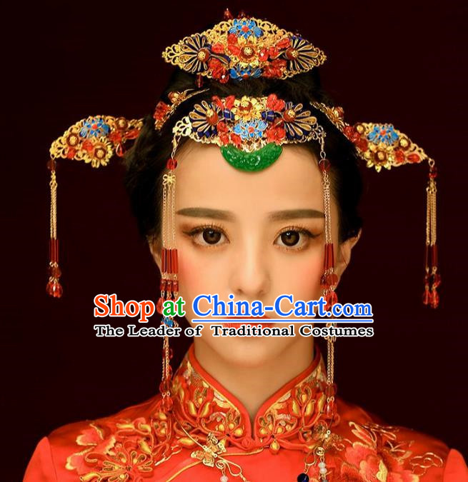 Chinese Handmade Classical Ancient Costume Jade Hair Accessories Complete Set, China Bride Xiuhe Suit Hairpins Blueing Phoenix Coronet Headwear for Women