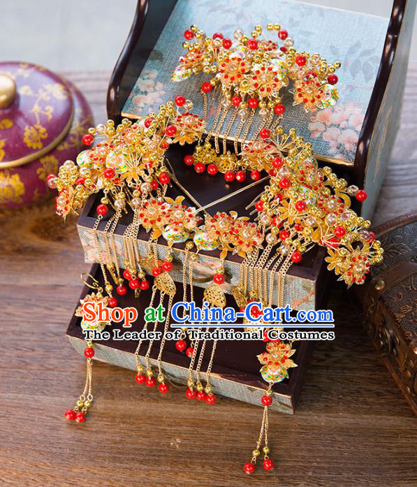 Chinese Handmade Classical Ancient Costume Red Beads Hair Accessories Complete Set, China Bride Xiuhe Suit Hairpins Phoenix Coronet Headwear for Women