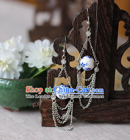 Chinese Handmade Classical Accessories Hanfu Blue and White Porcelain Earrings, China Xiuhe Suit Wedding Tassel Eardrop for Women