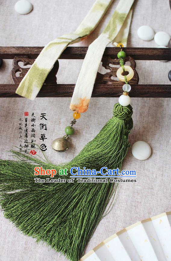 Chinese Handmade Classical Accessories Hanfu Silk Belt, China Ancient Hanfu Green Tassel Bells Waistband for Women for Men