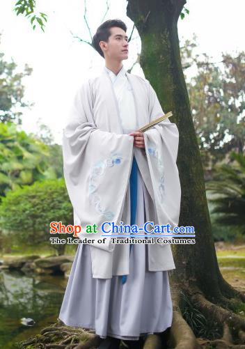 Traditional Asian Chinese Hanfu Scholar Costumes White Embroidered Cloak, China Ji Dynasty Officer Wide Sleeve Embroidered Elegant Robe for Men