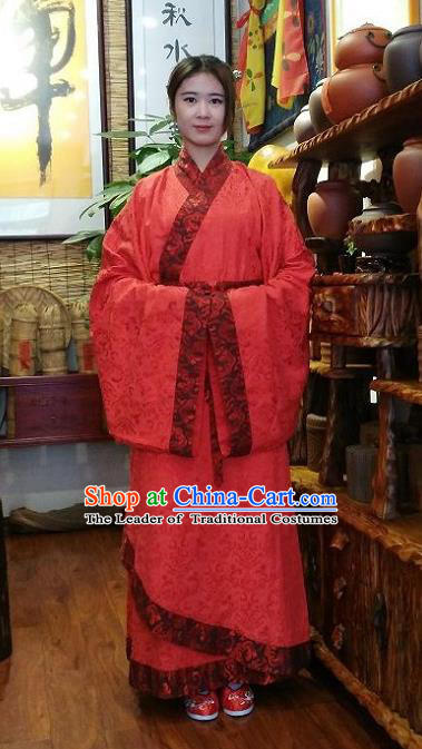 Traditional Oriental China Han Dynasty Wedding Costume Palace Lady Red Embroidered Hanfu Curve Bottom Clothing for Women