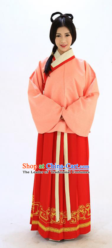 Traditional Chinese Ming Dynasty Young Lady Costumes Ancient Princess Embroidered Pink Blouse and Red Skirt Complete Set for Women