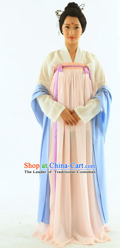 Traditional Chinese Hanfu Costumes Ancient Tang Dynasty Imperial Consort Blouse and Pink Slip Skirts Complete Set for Women