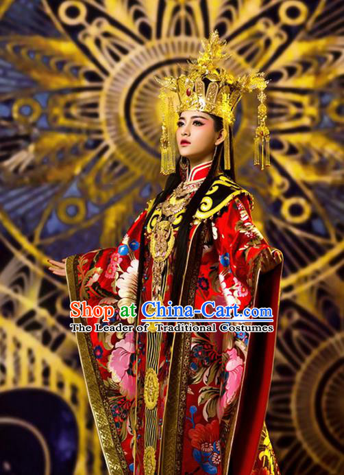 Traditional Ancient Chinese Imperial Concubine Costume and Headpiece Complete Set, Elegant Hanfu Chinese Tang Dynasty Empress Embroidered Clothing for Women