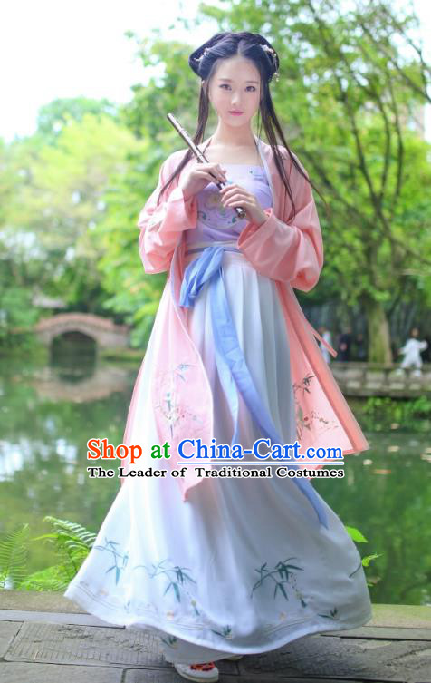 Traditional Ancient China Costume Young Lady Embroidery Pink BeiZi and Skirt Complete Set, Chinese Hanfu Han Dynasty Princess Embroidered Clothing for Women