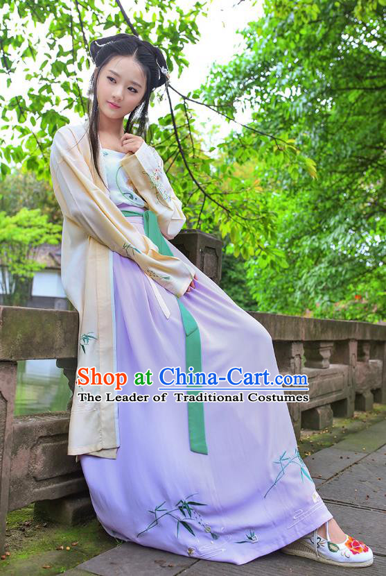 Traditional Ancient China Costume Young Lady Embroidery Yellow BeiZi and Skirt Complete Set, Chinese Hanfu Song Dynasty Princess Embroidered Clothing for Women