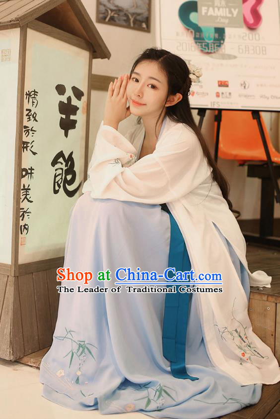 Traditional Ancient China Costume Young Lady Embroidery White BeiZi and Blue Skirt Complete Set, Chinese Hanfu Song Dynasty Embroidered Clothing