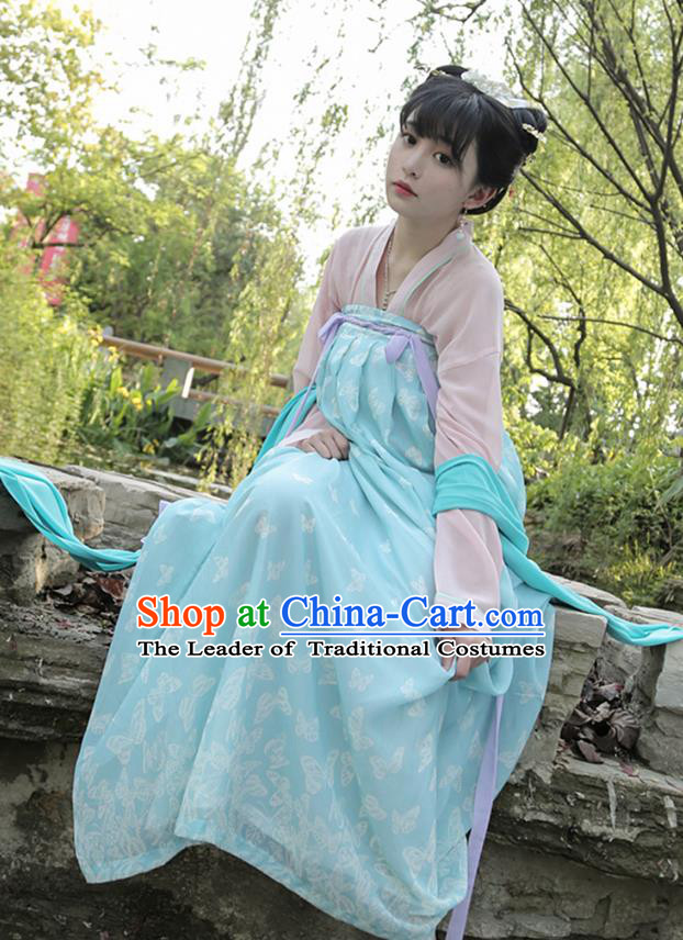 Ancient Chinese Palace Princess Costume, Traditional China Tang Dynasty Young Lady Clothing Pink Blouse and Blue Skirt Complete Set