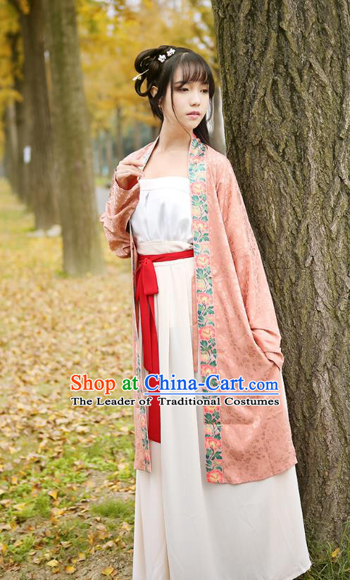 Ancient Chinese Palace Princess Hanfu Costume, Traditional China Song Dynasty Young Lady Embroidery Pink BeiZi Boob Tube Top and Skirt Complete Set