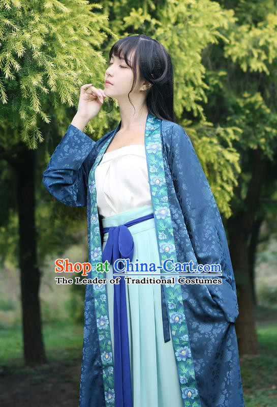Ancient Chinese Palace Princess Hanfu Costume, Traditional China Song Dynasty Young Lady Embroidery Blue BeiZi Boob Tube Top and Skirt Complete Set