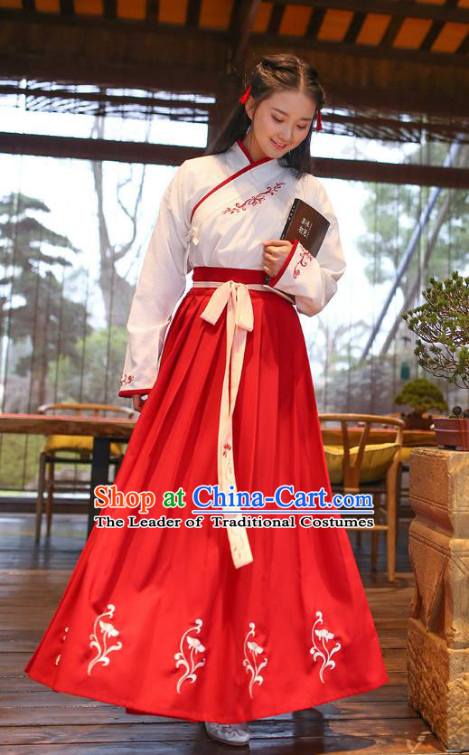 Ancient Chinese Royal Princess Hanfu Costume, Traditional China Han Dynasty Palace Lady Embroidery Blouse and Red Dress for Women