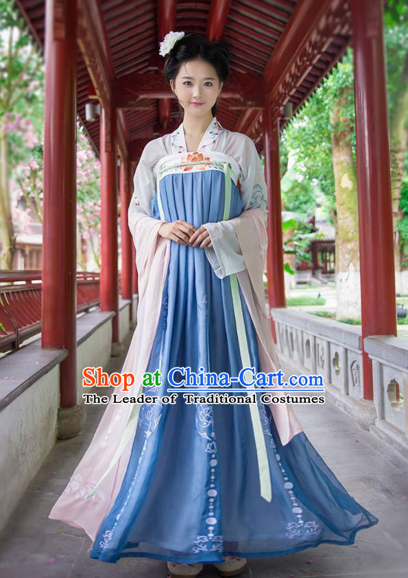 Ancient Chinese Imperial Concubine Hanfu Costume, Traditional China Tang Dynasty Palace Lady Embroidery White Blouse and Blue Slip Skirt for Women