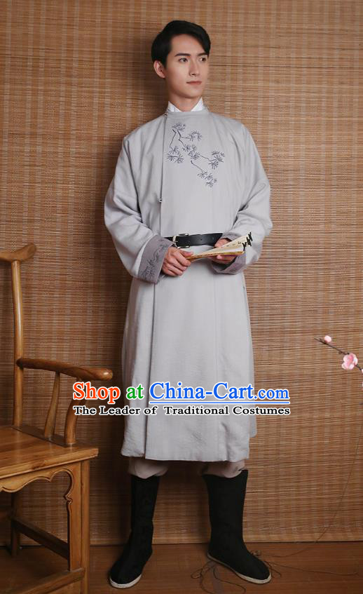 Traditional Chinese Ancient Hanfu Costumes, Asian China Ming Dynasty Imperial Guards Embroidery Grey Long Robe for Men
