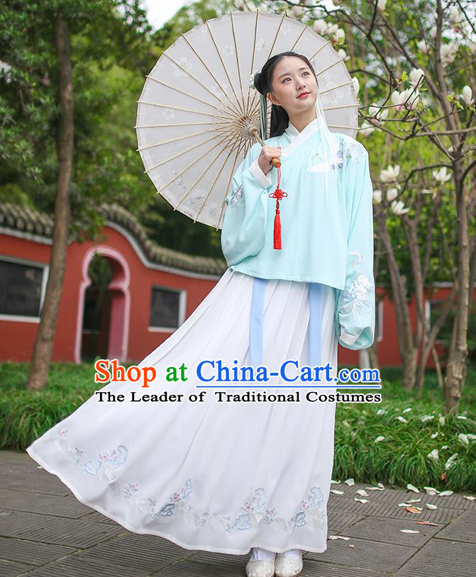 Traditional Chinese Ancient Princess Hanfu Costumes, Asian China Ming Dynasty Palace Lady Embroidery Green Blouse and Skirts for Women