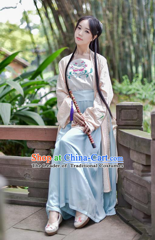 Traditional Chinese Ancient Young Lady Hanfu Costumes, Asian China Song Dynasty Palace Princess Blouse and Pants Complete Set for Women