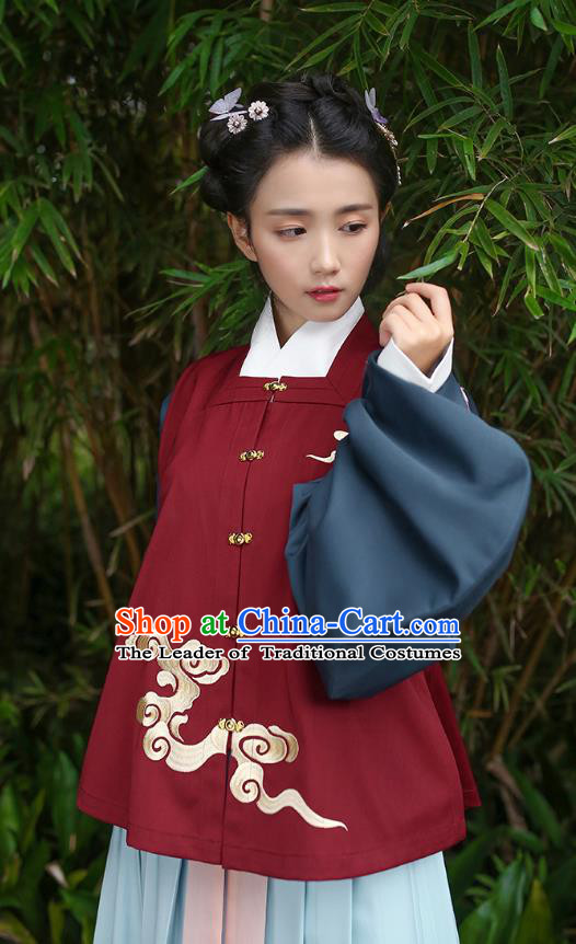 Traditional Chinese Ancient Hanfu Young Lady Costumes, Asian China Song Dynasty Embroidery Red Vest for Women