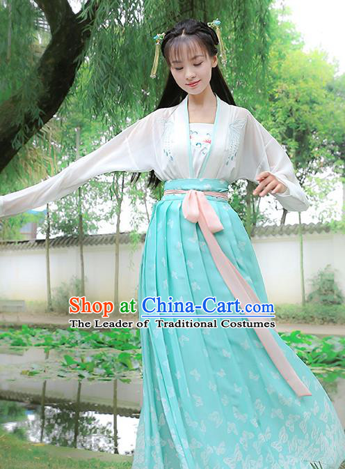 Traditional Chinese Ancient Hanfu Young Lady Costumes, Asian China Song Dynasty Princess Embroidery Slip Dress for Women