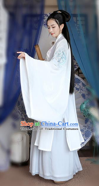 Traditional Chinese Ancient Hanfu Young Lady Costumes, Asian China Jin Dynasty Princess Embroidery White Cardigan Cloak Clothing for Women