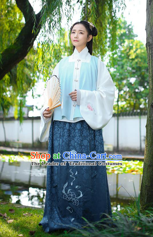 Traditional Chinese Ancient Royal Princess Hanfu Costume, Asian China Ming Dynasty Palace Lady Embroidered Blue Vest Blouse and Skirts for Women